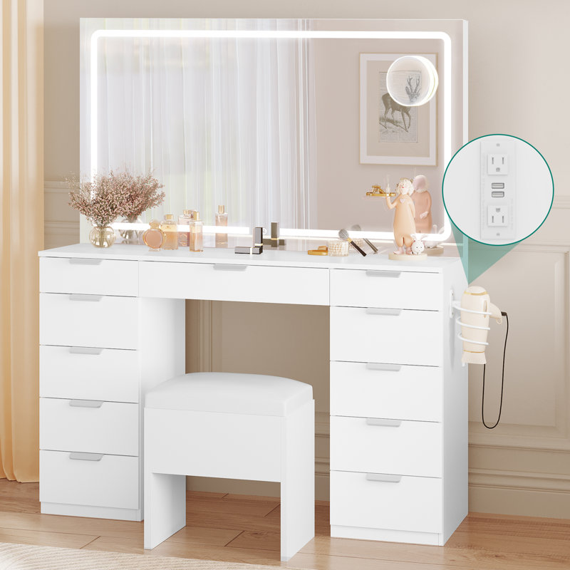 Wade Logan Cassanda 46 Vanity With Built in Socket With Illuminated Mirror and Hair Dryer Rack Reviews Wayfair